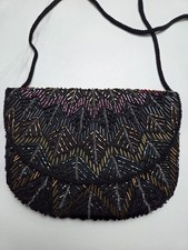 Vintage Beaded Evening Bag Black Handmade Sequin Clutch Purse Shoulder Strap