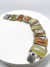 Beautiful Vintage Silver Tone Green Brown Onyx Panel Bracelet