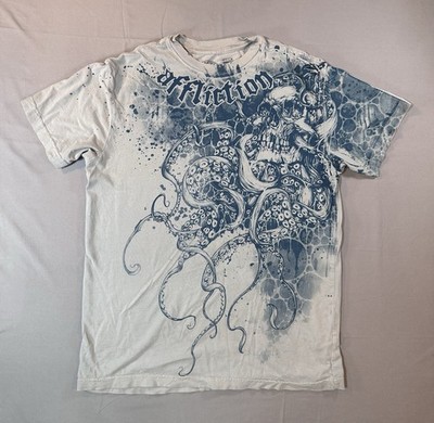Affliction Shirt Mens M Skull Biker Graphic Tee, Grunge, Gray Blue