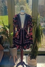 Free People Violet Hill Floral Print Boho Tunic Long Top Mini Dress S 10 Black