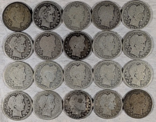 LOT OF 20 BARBER QUARTERS 90% SILVER COINS $5 FACE VALUE #64