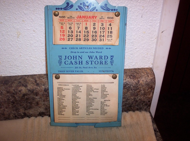 1930 CALENDAR w/GROCERY LIST PAD - JOHN WARD CASH STORE - THIEF RIVER FALLS, MN