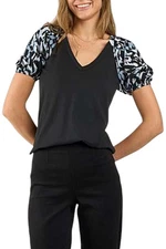 DG2 by Diane Gilman Women's Mixed Media Puff Sleeve V-neck Top Black