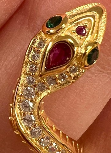 Genuine Ruby Diamond Emerald Coiled Snake Ring 14K Yellow Gold on solid 925 coil - Picture 10 of 16
