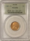 1921-S LINCOLN CENT - PCGS MS-64 RB, SCARCE DATE! OLD GREEN HOLDER! RED!