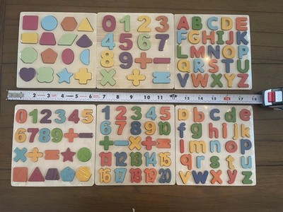 6 Montessori Wooden Alphabet, Numbers, Shape Puzzles- Fun Learning for Toddlers