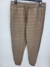 Jian Wang Track Jogger Pants Mens Medium Brown Plaid Side Stripe Y2K 90s Pockets
