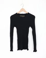 ENZA COSTA Cashmere Poorboy Rib Long Sleeve Crew Top Black M $174 E1 325