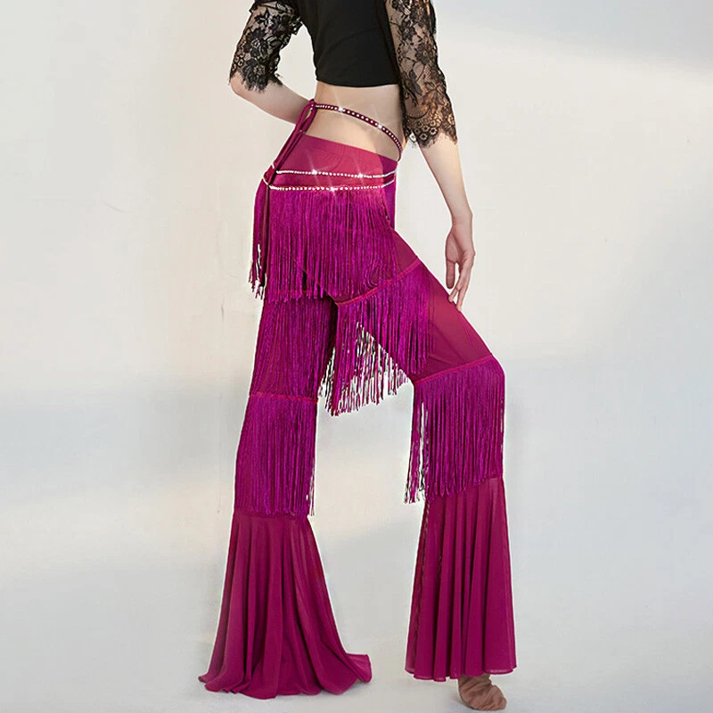 Women Tasseled Dance Pants Latin Dancewear Fringe Flared Trousers Ballroom  Party