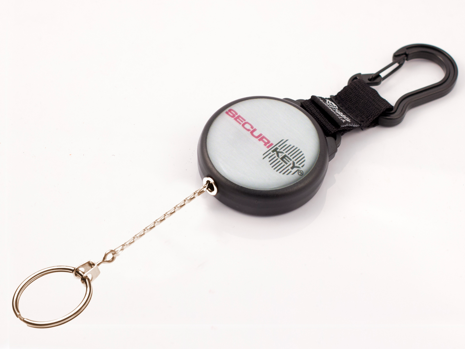 KEY-BAK USA KARABINER CHAIN REEL. SS CHAIN. SNAP ACTION KARABINER BELT CLIP.