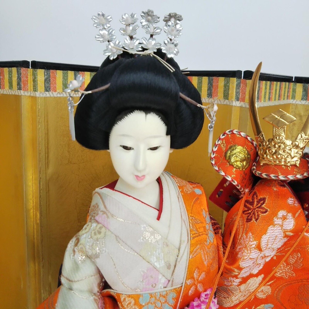 Antique Japanese Geisha Doll holding Samurai Helmet Beautiful