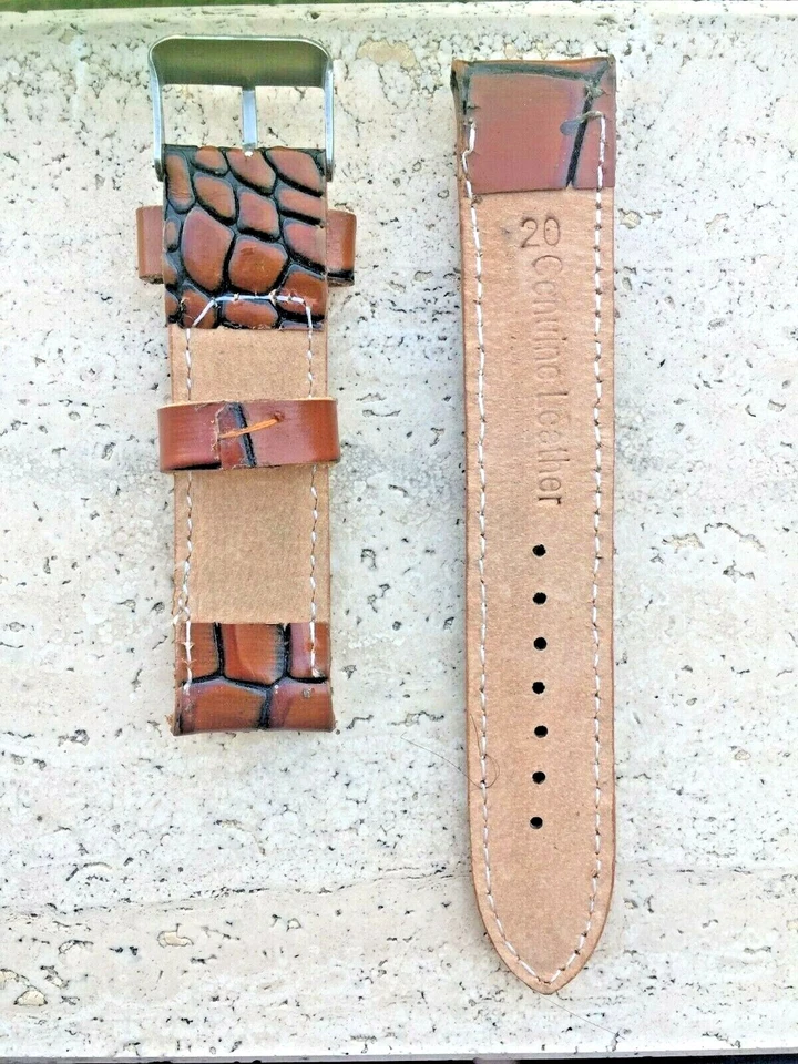 Montre Bracelet en Cuir Marron Serpent Noir Avec Couture Blanc 18mm 20mm - Photo 2/2