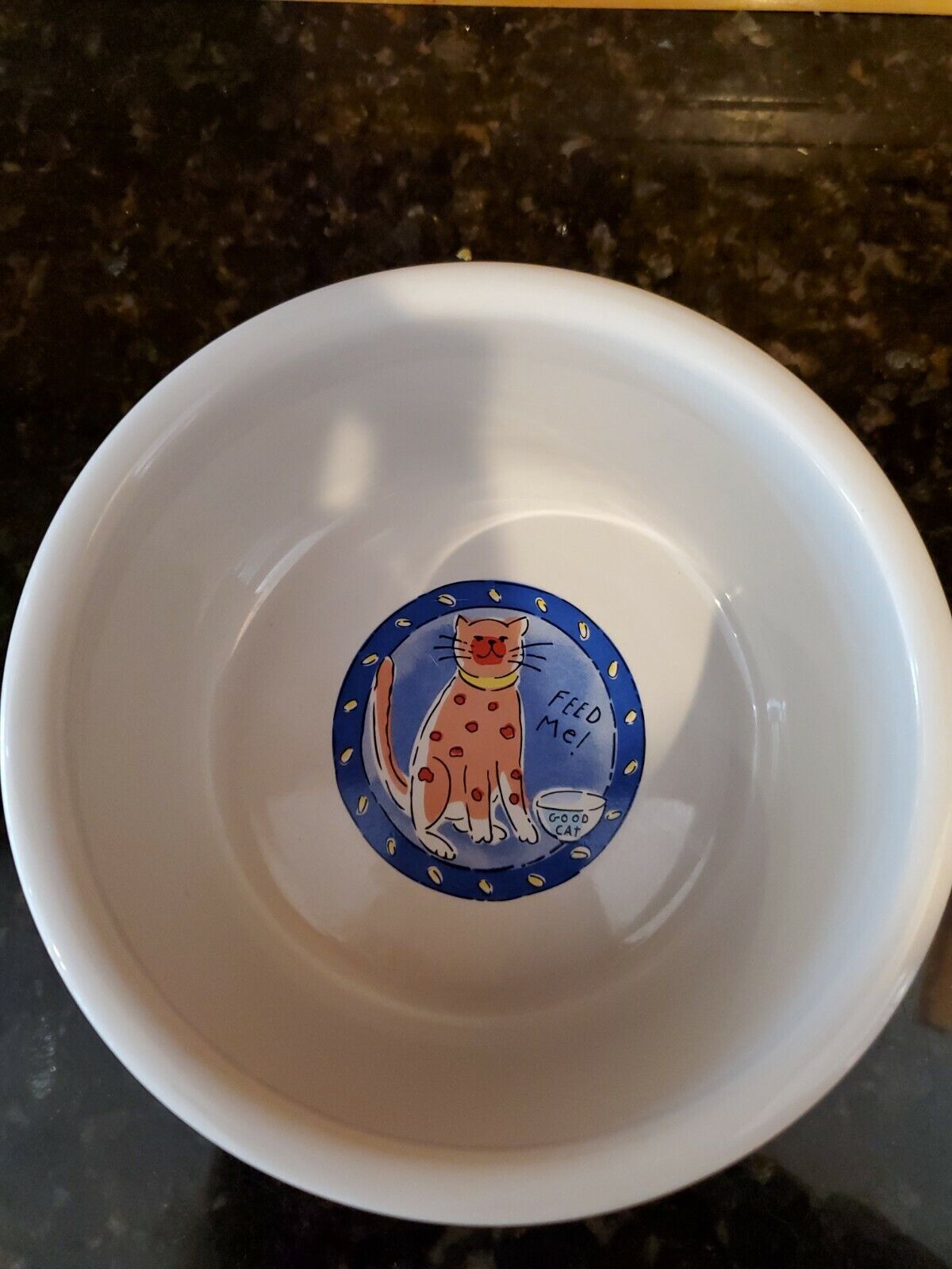 Riviera Van Beers Signature Cat  "Feed Me!"  Stoneware Food Bowl Dish  6" x 3"