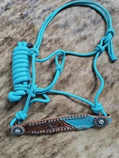 Rope Halter - Lead - Turquoise with Leather Noseband - Crystal Conchos