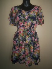 FOREVER 21 BLUE PINK YELLOW FLORAL FLOWER SHEER BUTTON UP DRESS SIZE M