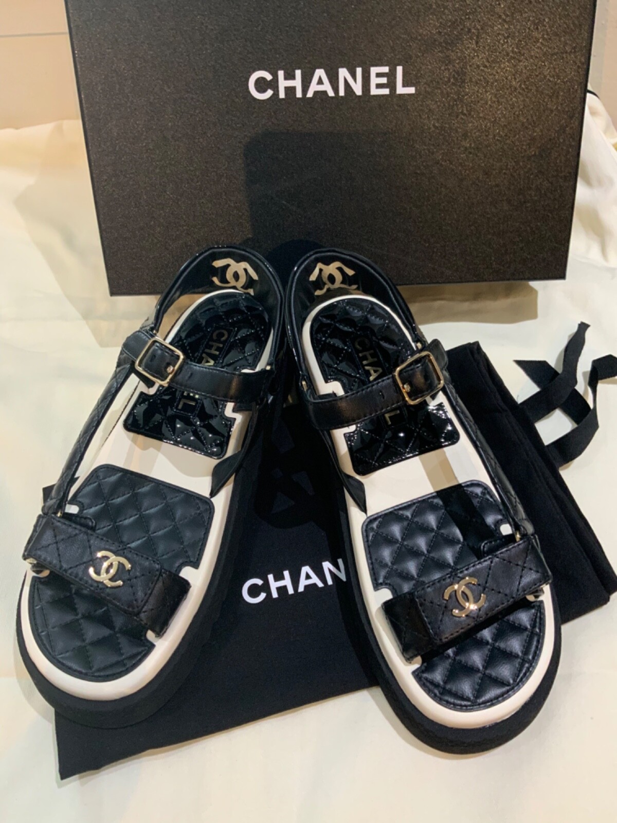New With Box - 2022 (22P) Chanel Lambskin Sandals Shoes Flats Black Size  39/US 9 | eBay