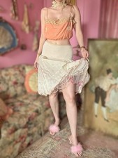 Vintage 1950s Ivory  Pink Embroidered Crinoline Slip Skirt, Size M-L, W 28  -34  