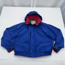 Vintage Woolrich Bomber Jacket Mens XL Lined Full Zip Snap Stowaway Hood Blue