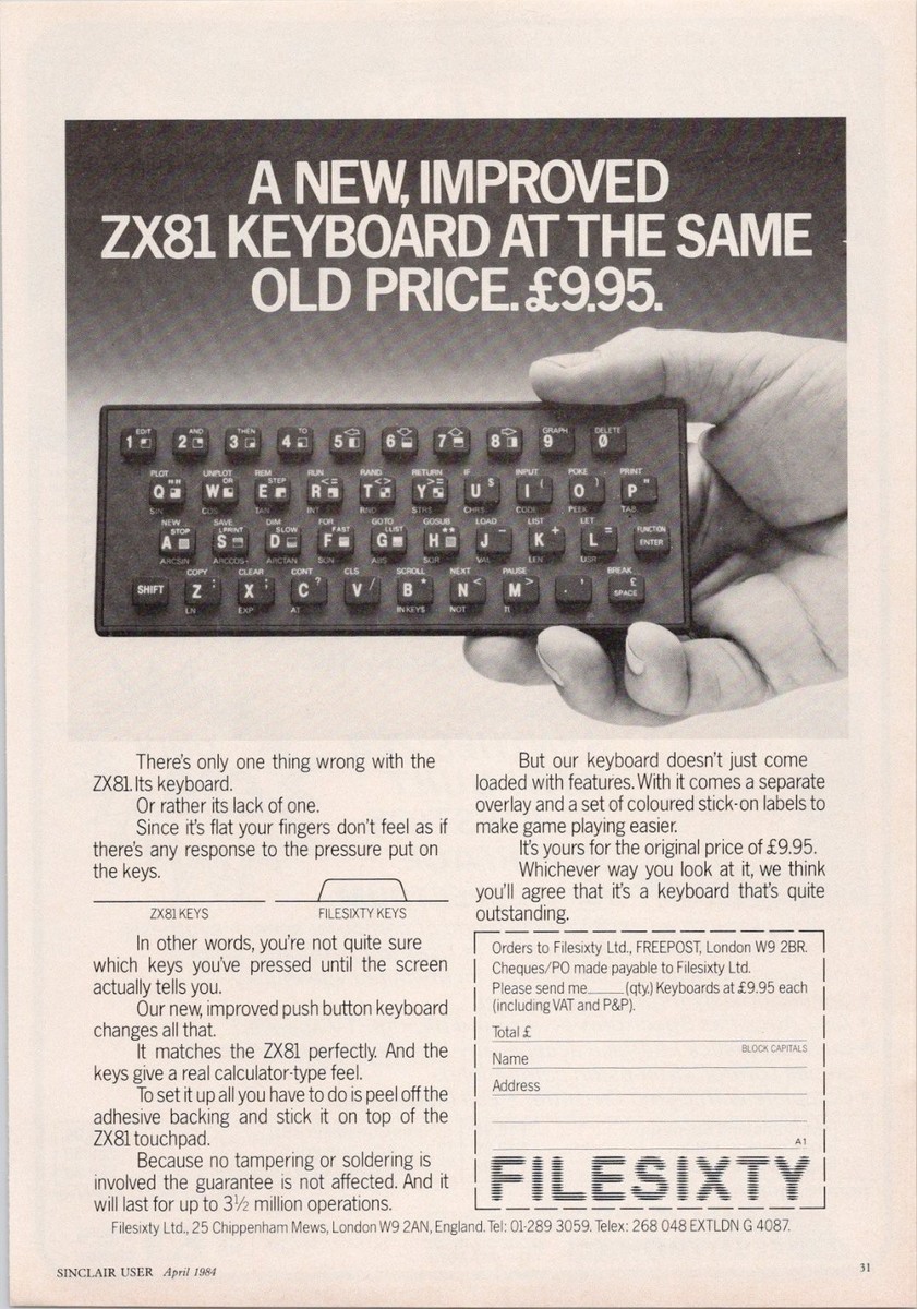 Filesixty ZX81 Keyboard Print Ad Vintage 1984 UK Computer