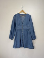 Nobody's Child Denim Dress Women Size 14 Blue Mini V Neck Long Sleeve Buttoned
