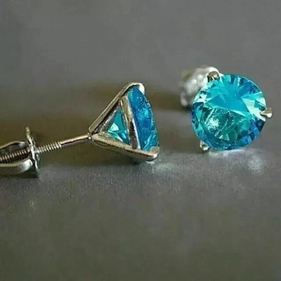 2Ct Round Lab-Created Blue Topaz Womens Stud Earring 14K White Gold Plated