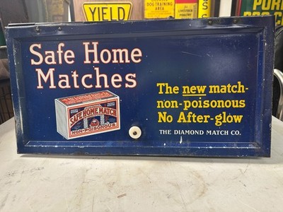 Vintage Large SAFE HOME MATCH Diamond metal Bin Country Store display CASE 1930s