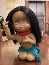 Vintage Hawaiian Rubber Doll Hula Skirt Pink Lipstick Blue Eyeshadow Hawaii
