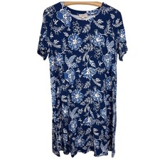 LOFT Outlet T-Shirt Dress Womens Large Blue Floral Short Sleeve Knit Shift A65
