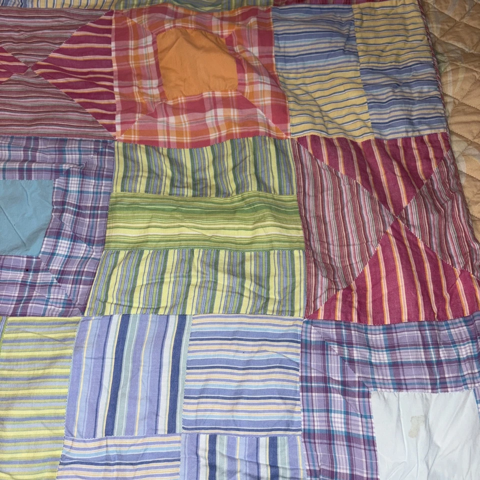 Preppy Madras Pink, Blue, Stripe, Plaid Patchwork Quilt 69x88 twin Bedding Y2K - Image 2 of 4