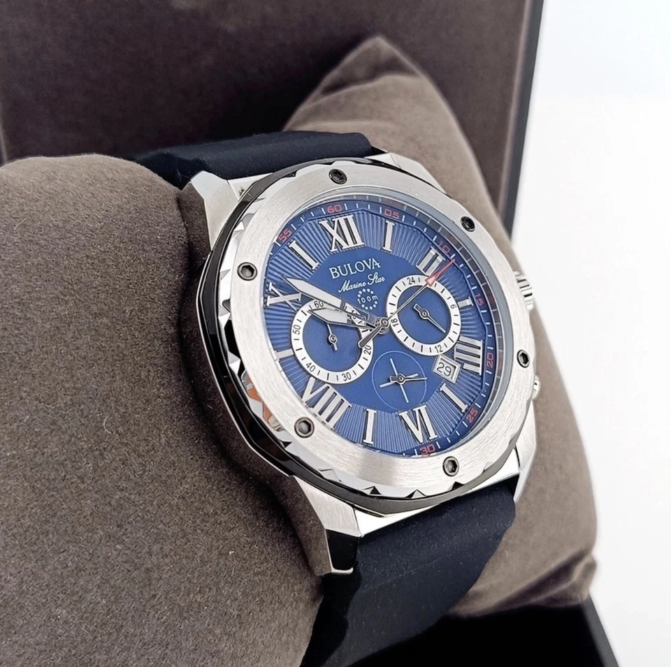 Men's Bulova Marine Star 98B258 Blue Dial Silicone Strap Chrono Quartz Watch - Image 2 of 4