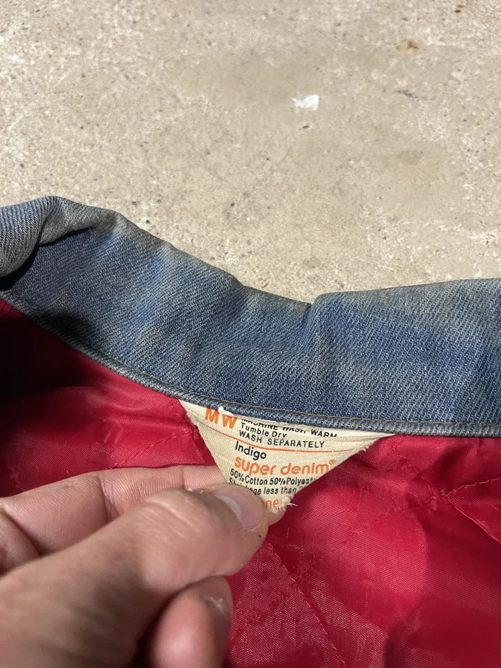 复古 JC Penney 超级牛仔蓝色牛仔裤卡车司机夹克男式 XL 衬里美国 70 年代 — 第 3/4 张图片