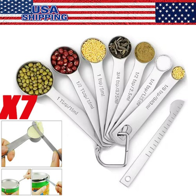#ad 7× Measuring Cups and Spoons Set 18 8 Stainless Steel Heavy Duty Silver $15.99