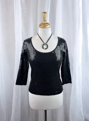 Black Sequin Top Vintage 90s Disco Shimmer Retro Rock Glam Formal Size Small Y2K