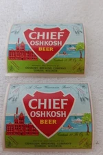 Oshkosh Brewing Co CHIEF OSHKOSH BEER 2 labels WI 12 oz 1962