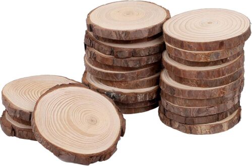 KINJOEK 24 PCS Natural Wood Slices 3.5-4 Inch with Bark Unfinished Wood Circles