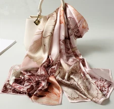 100% Satin Silk Scarf Women neckerchief Shawl Wrap floral brown pink red HD1-128