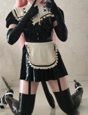 Black Latex Rubber Uniform Maid Dress with Ruffles and Apron&Tail BDSM Cosplay