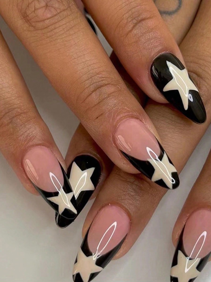24pcs Long Stiletto Black Star Print Fake Nail False Nails Press 