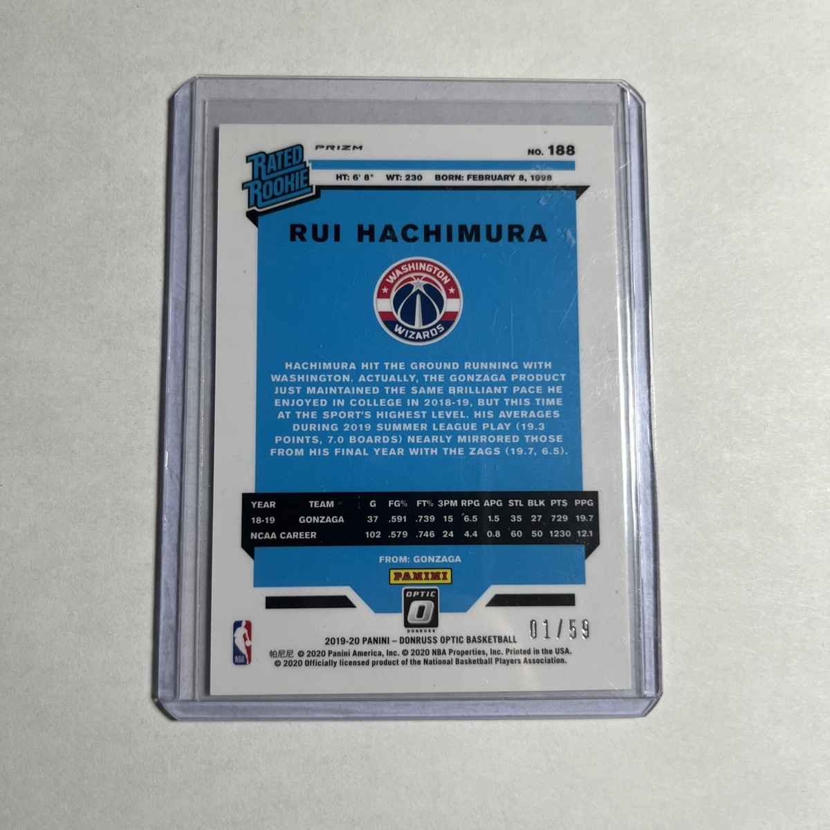 2019 Panini Donruss Optic Rui Hachimura [Blue] #188 NUMBERED 1/59