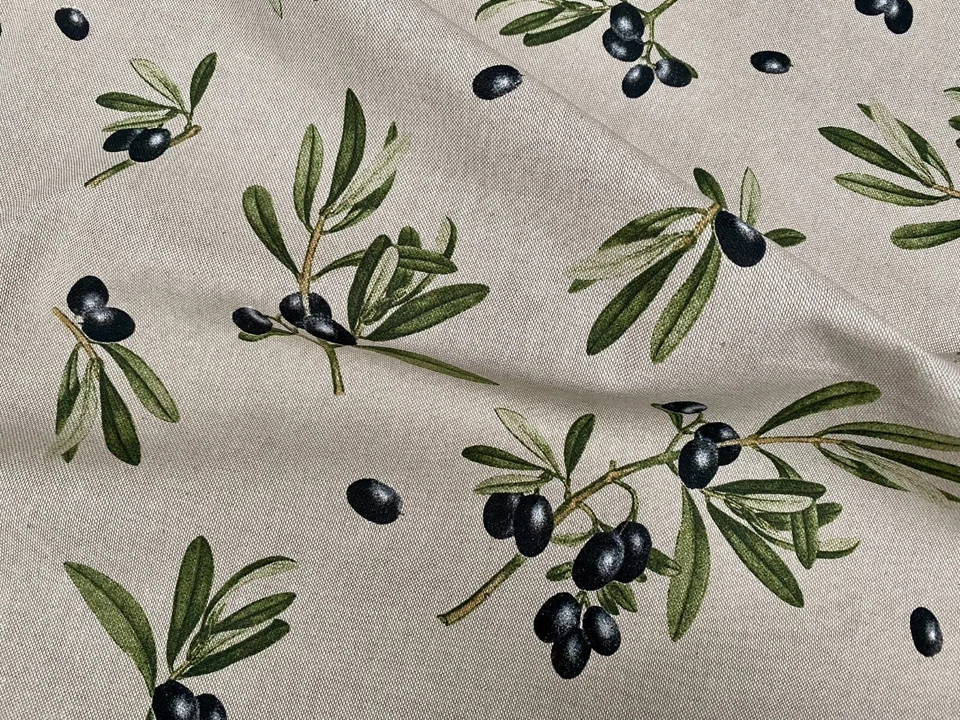 Cortina de tecido estampada de linho ramo de azeitonas preto material folha verde 55" de largura - Imagem 4 de 4