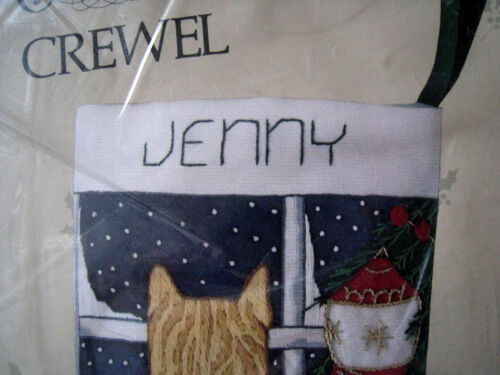 Christmas Candamar Crewel Stitchery Stocking KIT,CAT IN WINDOW,40207,Size 17" - Picture 3 of 9