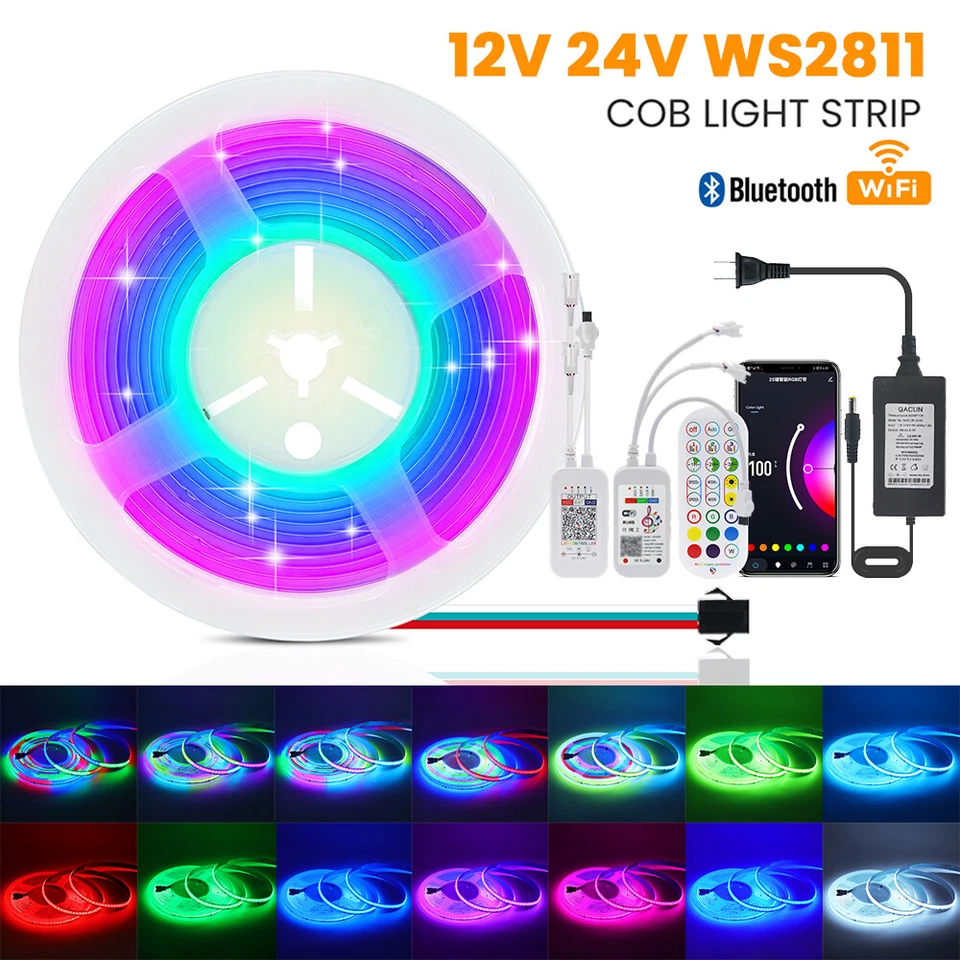 1.64-32.8ft COB LED Strip RGB IC WS2811 Room Light Wifi Bluetooth APP Remote Kit - Image 2 of 4
