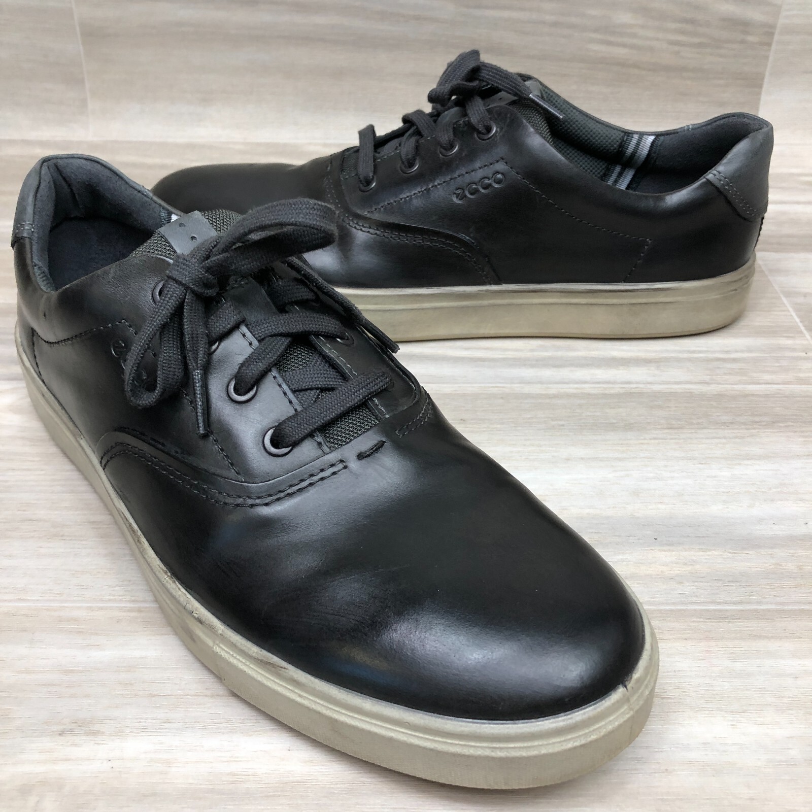 Ecco Men's Soft Leather Sneaker Shoes Black Low Top Lace Up EU 46 US 12