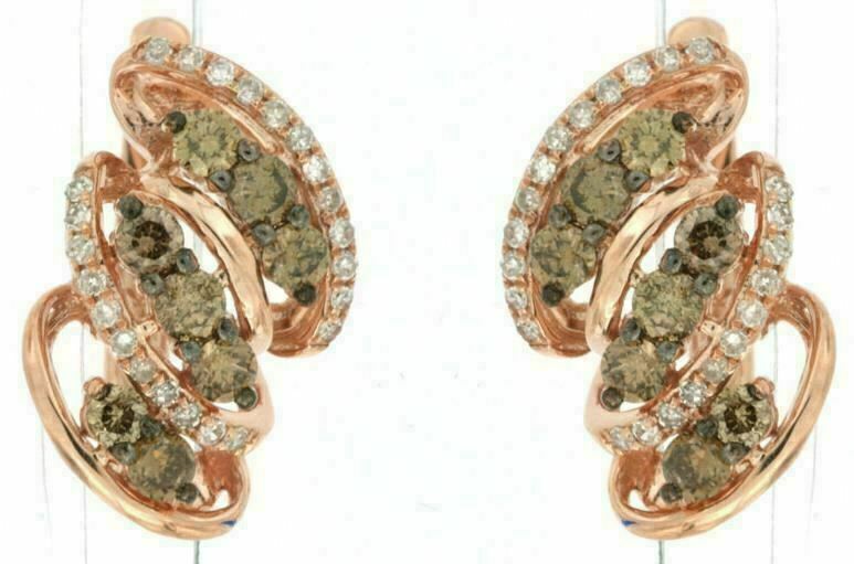 ORECCHINI PENDENTI MULTI FILA ORO ROSA 14KT DIAMANTI FANTASIA BIANCO E CIOCCOLATO .77CT