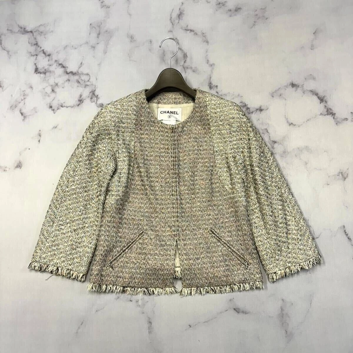 Giacca tweed CHANEL 11SS Cocomark bottoni senza colletto frange beige cotone nylon 36
