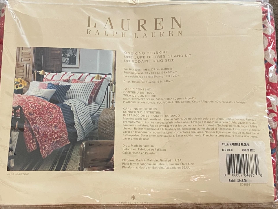 Ralph Lauren ~ Falda de cama Villa Martine King en rojo azul tostado floral NUEVA venta al por menor $142 Foto 4 de 4