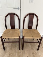 Pair Vintage Wooden Dining Chairs Woven Rush Ladder Back Farmhouse Dark Wood