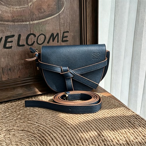 Loewe Gate Mini Black Gold HW Calfskin Leather Crossbody Saddle Bag Chain Auth