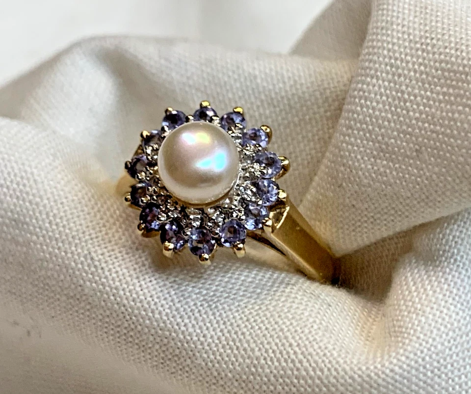 Anillo de perlas de oro amarillo de 10K 2,9 g joyería fina tamaño 7 piedras púrpuras y transparentes *LEER* Foto 4 de 4