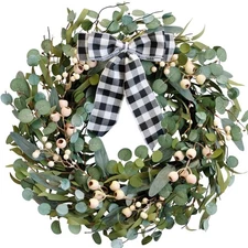 Artificial Spring/Summer Wreath 24 Inch Evergreen Wreaths for Front Door Euca...